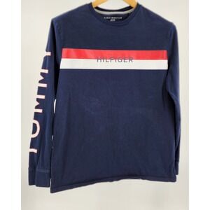 Tommy Hilfiger Men Medium Long Sleeve T Shirt Blue Red‎ White Stripe 90s Preppy